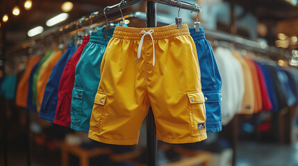 A rack of colorful shorts with a yellow pair in focus