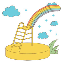 Empty yellow podium, rainbow, clouds, art and illustrator isolated on white background