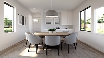 Bright and Airy Dining Area with Round Wooden Table and Modern Chairs in Minimalist Home Interior.