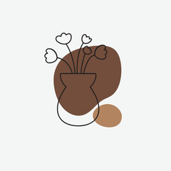 Minimalist abstract floral art featuring simple line work of flowers and leaves with earthy brown and beige color abstract shape in bohemian style