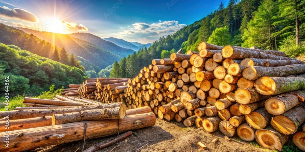 Poster Sunlight filtering through the trees illuminates a mountainside stacked with logs, a stark reminder of nature's cycle of growth and harvest.