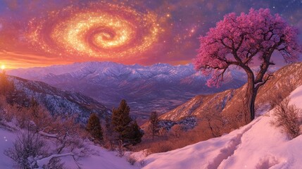 Surreal sunset spiral galaxy over snowy mountains. Fantasy landscape, peaceful scene, digital art
