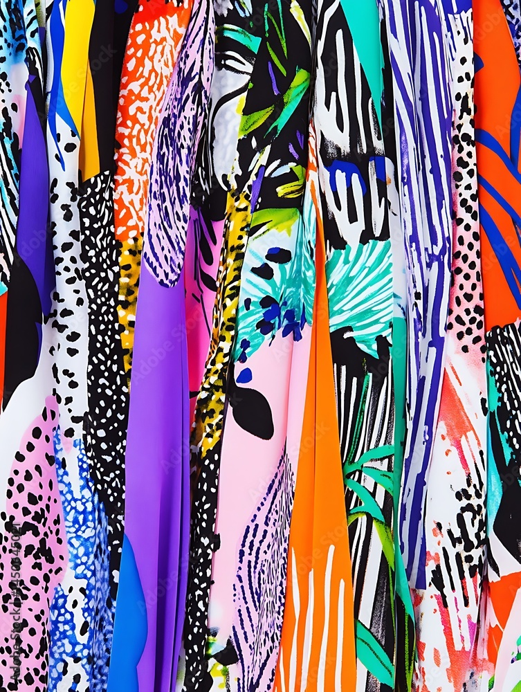Poster vibrant multicolored textile with abstract patterns. close up view of a colorful fabric featuring va