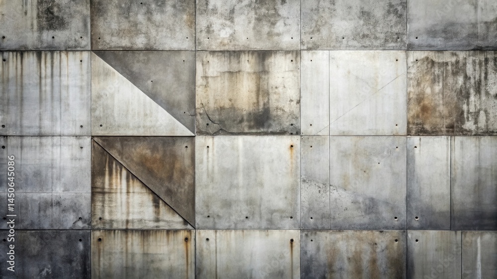 Aufkleber a weathered concrete wall with a geometric pattern of squares and triangles, exhibiting a rough, ind