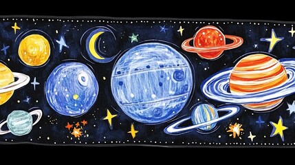 Vibrant crayon drawing of planets and celestial bodies on a dark blue background. The planets are depicted in bright colors, with swirling rings around some.  Stars and a crescent moon are scattered