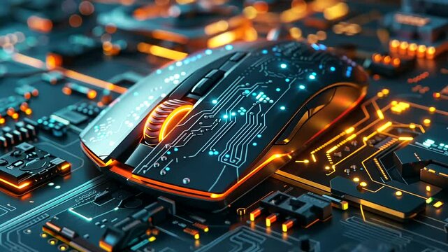 Futuristic computer mouse on circuit board