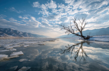 Dead tree stands alone in Songhua River with reflections under cloudy skies