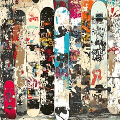 Fototapeta premium Colorful skateboards leaning against a graffiti covered wall. The skateboards are various colors and designs, with the wall background showing a mix of textures and urban street art. The overall