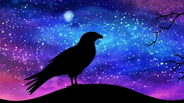 Bird silhouette in starry night sky