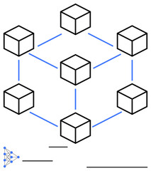 Obraz premium Interconnected cubes linked with blue lines visualizing a blockchain network structure. Ideal for technology, decentralization, data security, digital innovation, internet, peer-to-peer, flat simple