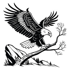 Black and White Line Art of a Majestic Eagle Flying in the Sky with Wings Spread