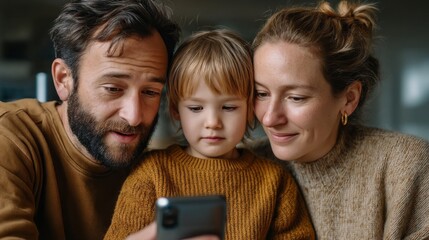 Family of three enjoys using an AI interface on a smartphone to organize their daily schedule while sitting together in a warm, inviting living space