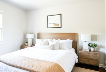 A bedroom with a neatly made bed and two nightstands.