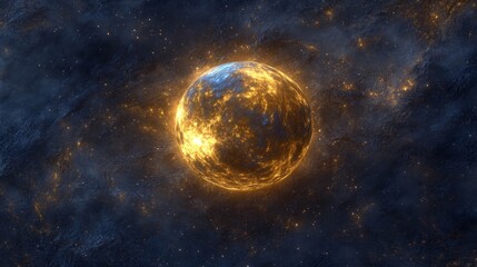Glowing Gold Planet in a Dark Blue Cosmic Nebula