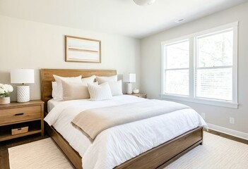 A bedroom with a neatly made bed and two nightstands.