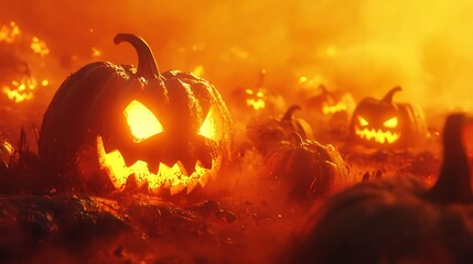 Fototapeta premium Creepy glowing pumpkins with carved faces on a vivid orange backdrop