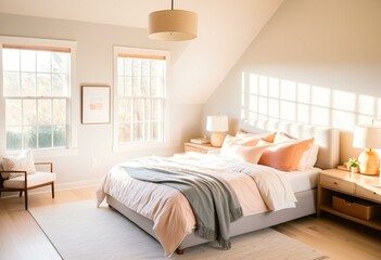 A bedroom with a large bed and a chair.