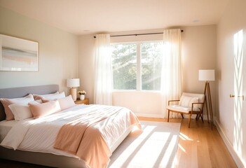 A bedroom with a large bed and a chair.
