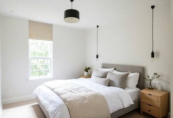 Fototapeta premium A bedroom with a bed, nightstands and a window.