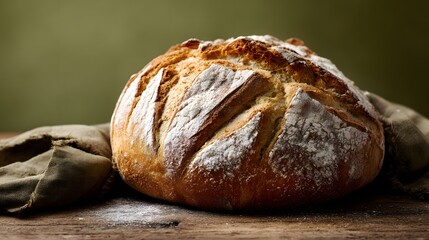 Rustic loaf dusted with flour, golden crust promises a delightful bite, a culinary treasure on wooden table, warm, inviting taste.