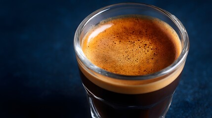 A shot of espresso sits in a clear glass on a dark blue background, showcasing a rich color gradient and tantalizing crema.