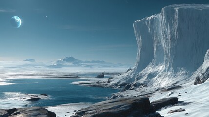 Alien Planet Icy Landscape with Frozen Cliffs