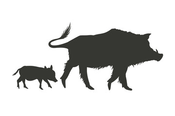 Wild boar silhouette. Isolated drawing of animal family. Forest beast black shape. American pigs wildlife