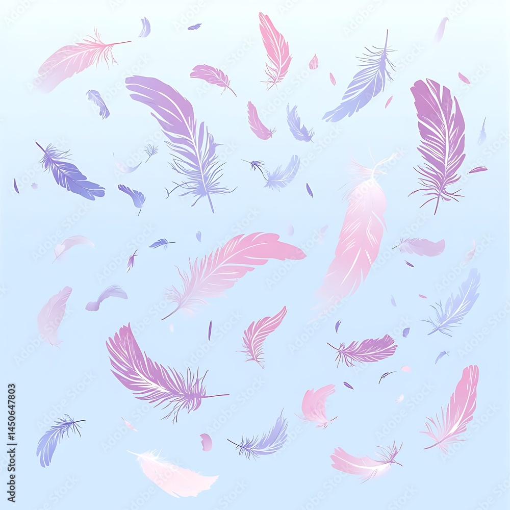 Poster pastel pink and purple feathers float on a light blue background, creating a soft and ethereal atmos