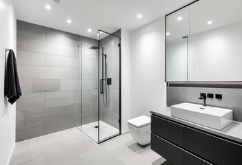 A bathroom with a walk in shower next to a bathtub.