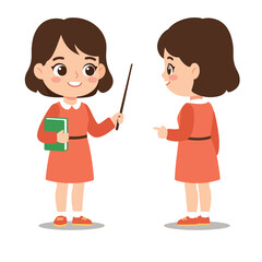 Fototapeta premium Vector illustration of a cute female teacher character, cartoon style, front and side view, flat colors