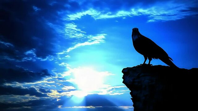 Bird silhouette on cliff at dawn