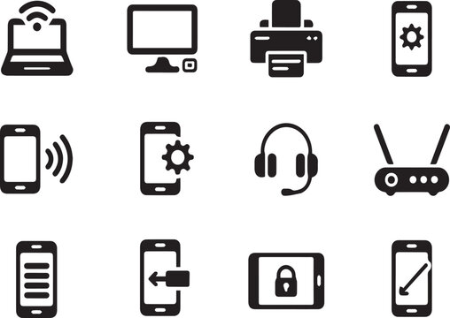 Collection of Technology and Communication Icons Including Laptop, Monitor, Printer, Smartphone, Headset, and Router