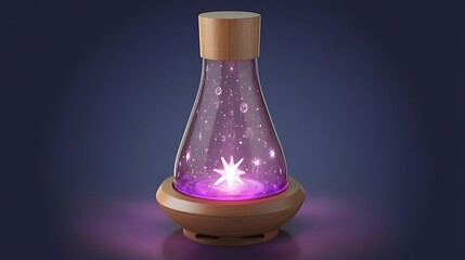 Glass flask with glowing purple star shaped light inside, wooden base and top, dark background. Low key lighting accentuates the mystical glow