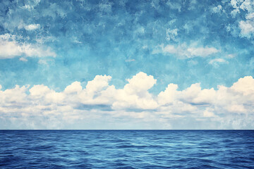 Obraz premium Watercolor painting of a calm blue sea under a cloudy sky with soft white cumulus clouds above horizon
