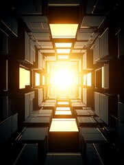 Fototapeta premium Abstract image of a glowing tunnel formed by dark cubes, illuminated by a bright yellow light at the end, creating a sense of depth and mystery. The dark cubes have metallic reflections, adding to