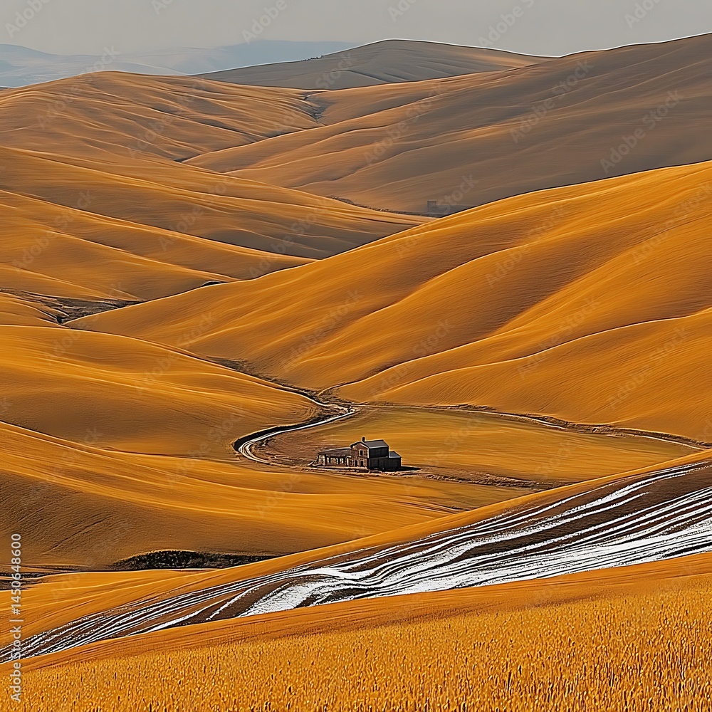 Poster aerial view of a landscape with rolling hills in shades of golden brown and tan. a small structure i