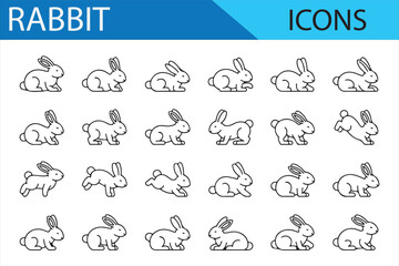 Cute collection of bunny icons with simple line art in multiple poses.