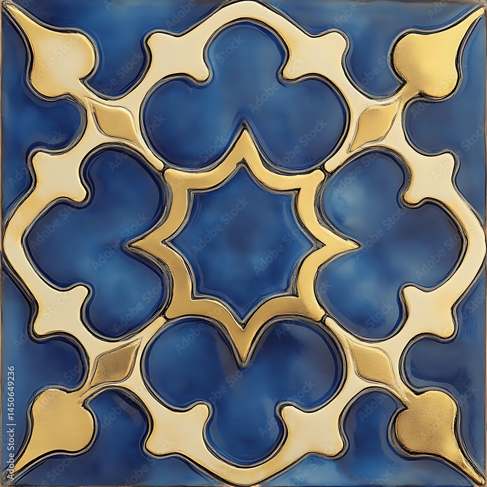 Poster close up view of a square ceramic tile with an intricate design. the tile features a deep blue backg