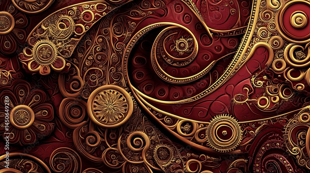 Poster intricate swirling patterns in gold and deep red hues create a rich, textured background. the design