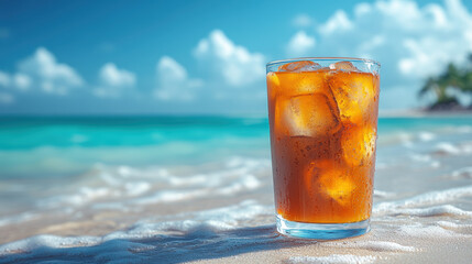 A refreshing iced beverage with condensation on the glass sits on a sandy beach with gentle waves and a tropical backdrop