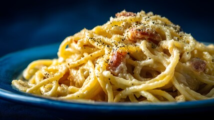Delicious pasta dish coated in a creamy sauce, sprinkled with black pepper and savory meat. A tasty and satisfying Italian cuisine.