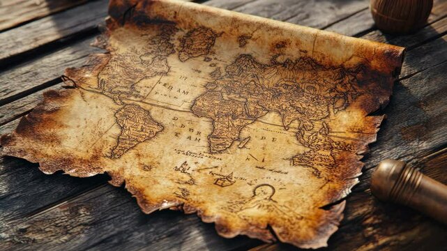 Antique treasure map unveiling on wooden table with candlelight ambience