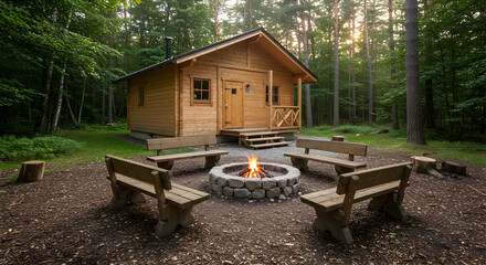 Cozy Wooden Cabin Surrounded by Benches and a Crackling Campfire in the Forest