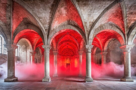 Ancient hall bathed in crimson haze