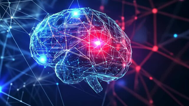 Glowing digital brain with neural network connections in a high-tech blue and red space