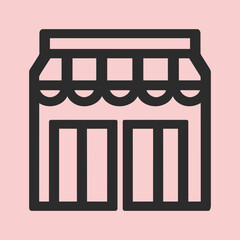 Minimalist Boutique Icon with Awning—Black Line Storefront on Pink Background