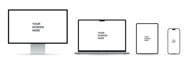 Realistic set of monitor, laptop, tablet, and smartphone. Modern digital devices collection. Vector illustration isolated on white background.