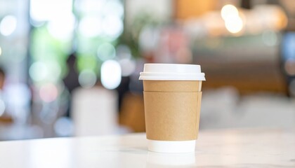 Disposable Coffee Cup on Table in Blurred Cafe Background Perfect for Coffee Shop Menu or Branding
