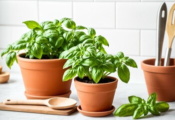 Fototapeta premium A couple of potted plants sitting on top of a counter.