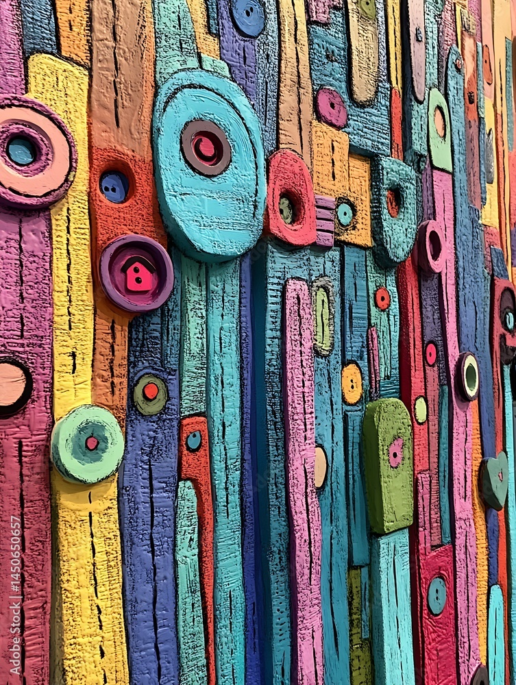 Poster vibrant multicolored abstract art featuring vertical textured planks with embedded circular and irre